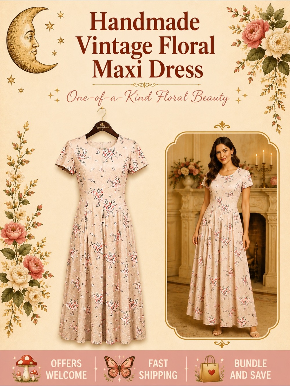 Handmade Vintage Floral Cottagecore Prairie Romantic Maxi Dress Size Small